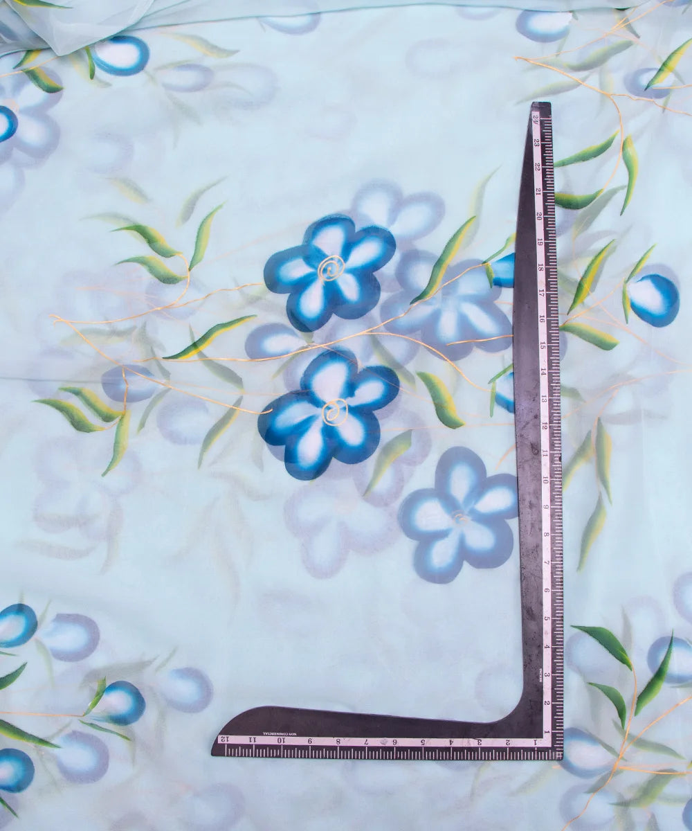 Ice Blue Floral Hand Paint Georgette Fabric