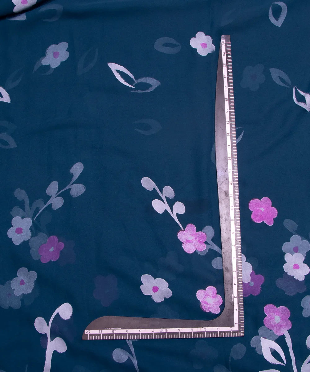 Teal Blue Floral Hand Paint Georgette Fabric