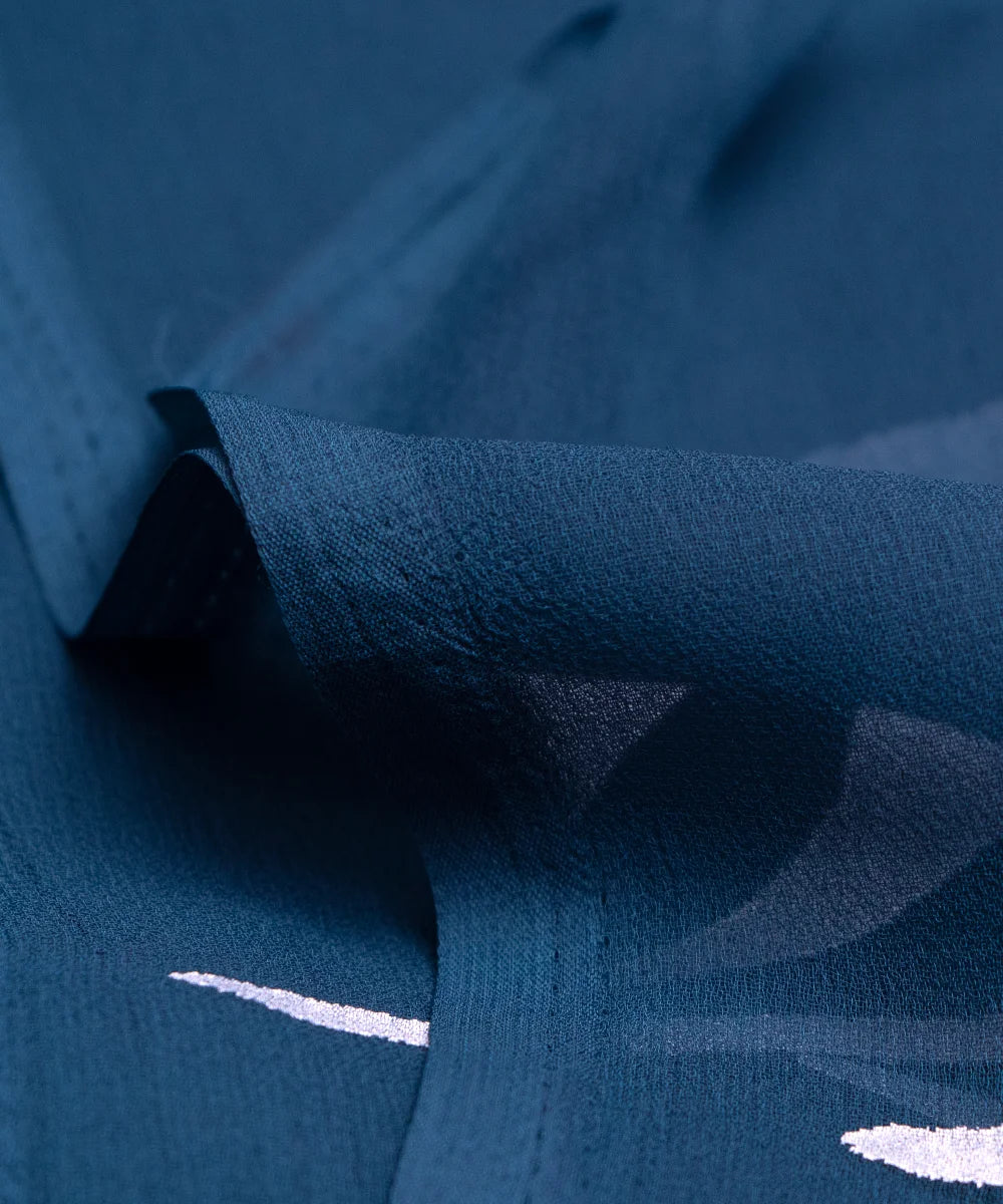 Teal Blue Floral Hand Paint Georgette Fabric