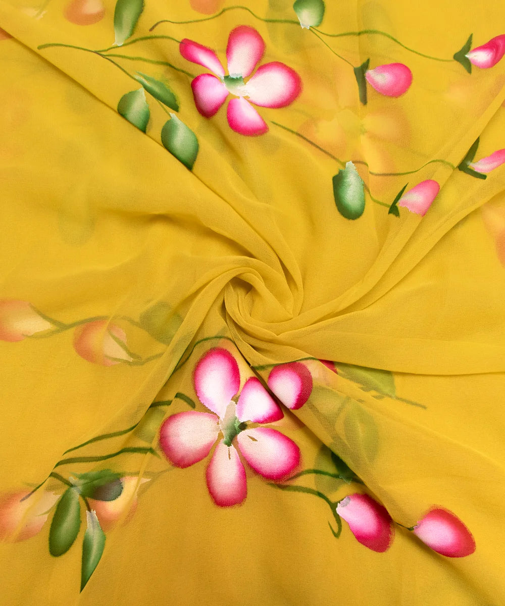 Dusty Yellow Floral Hand Paint Georgette Fabric