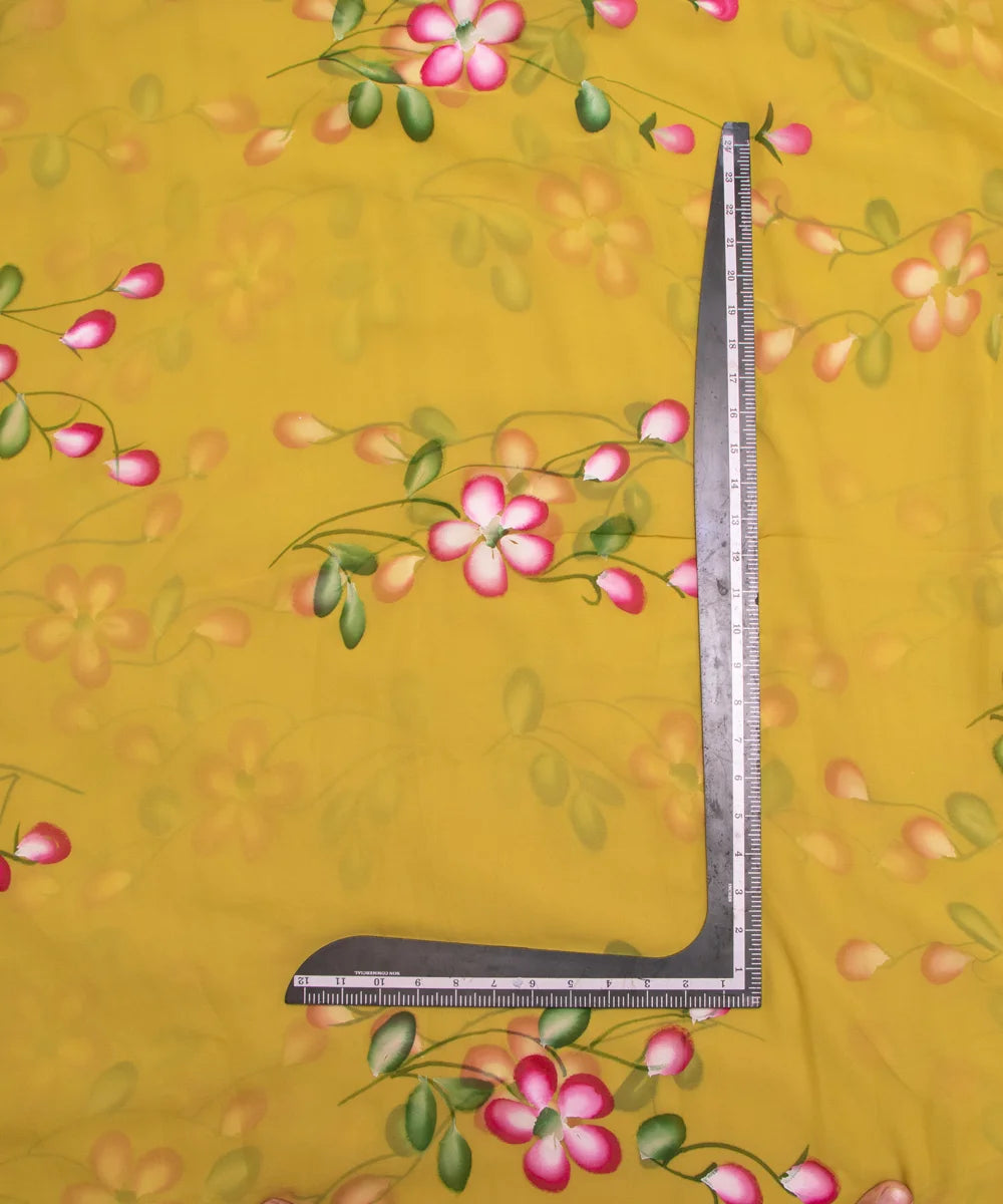 Dusty Yellow Floral Hand Paint Georgette Fabric