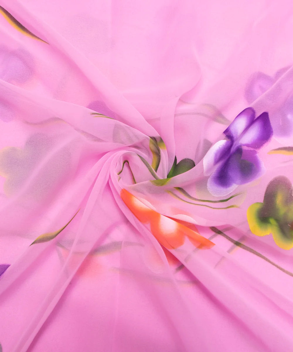 Pink Floral Hand Paint Georgette Fabric