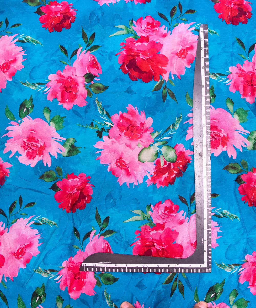Firozi Floral Printed Chinon Silk Fabric