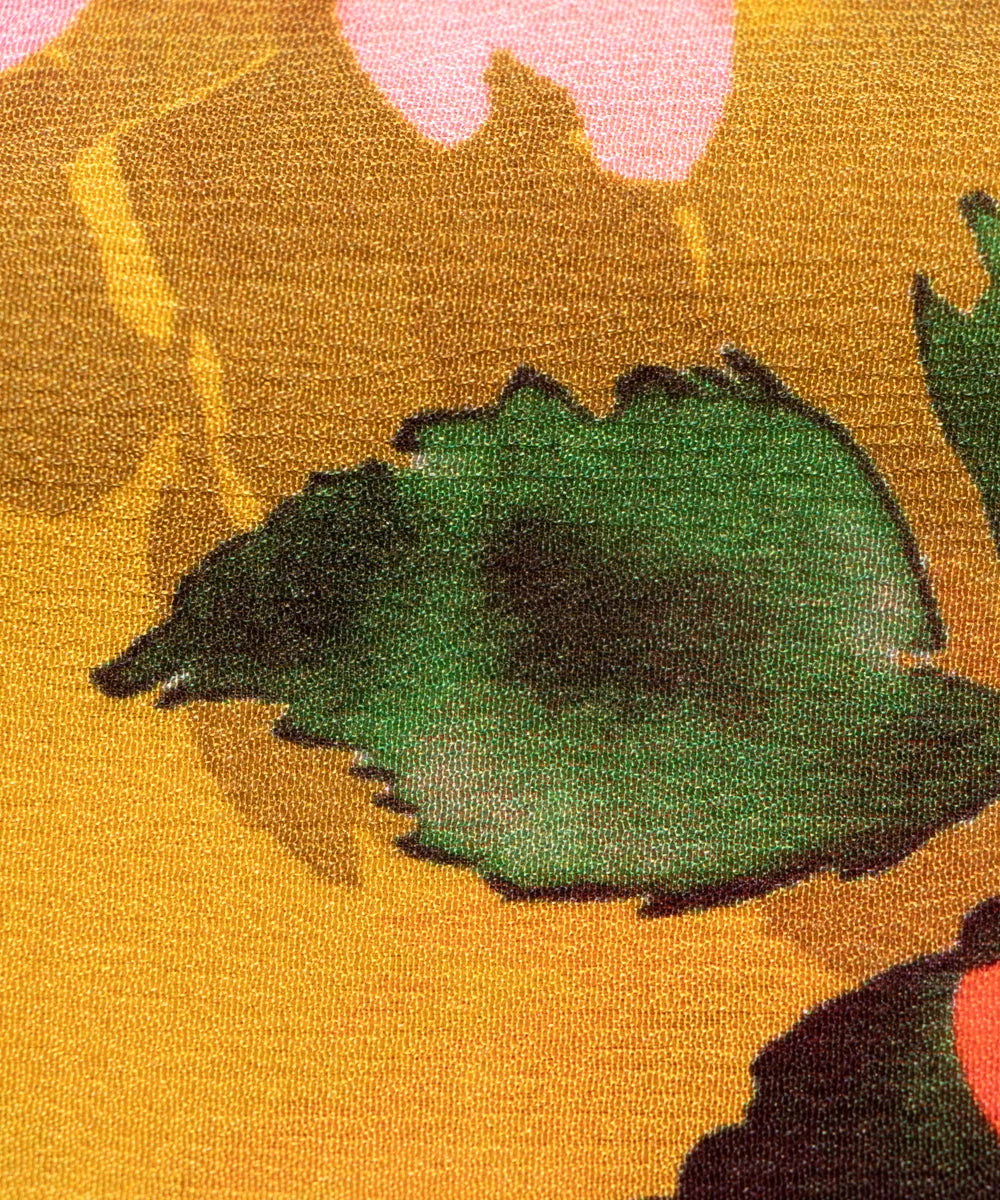 Mustard Floral Printed Chinon Silk Fabric