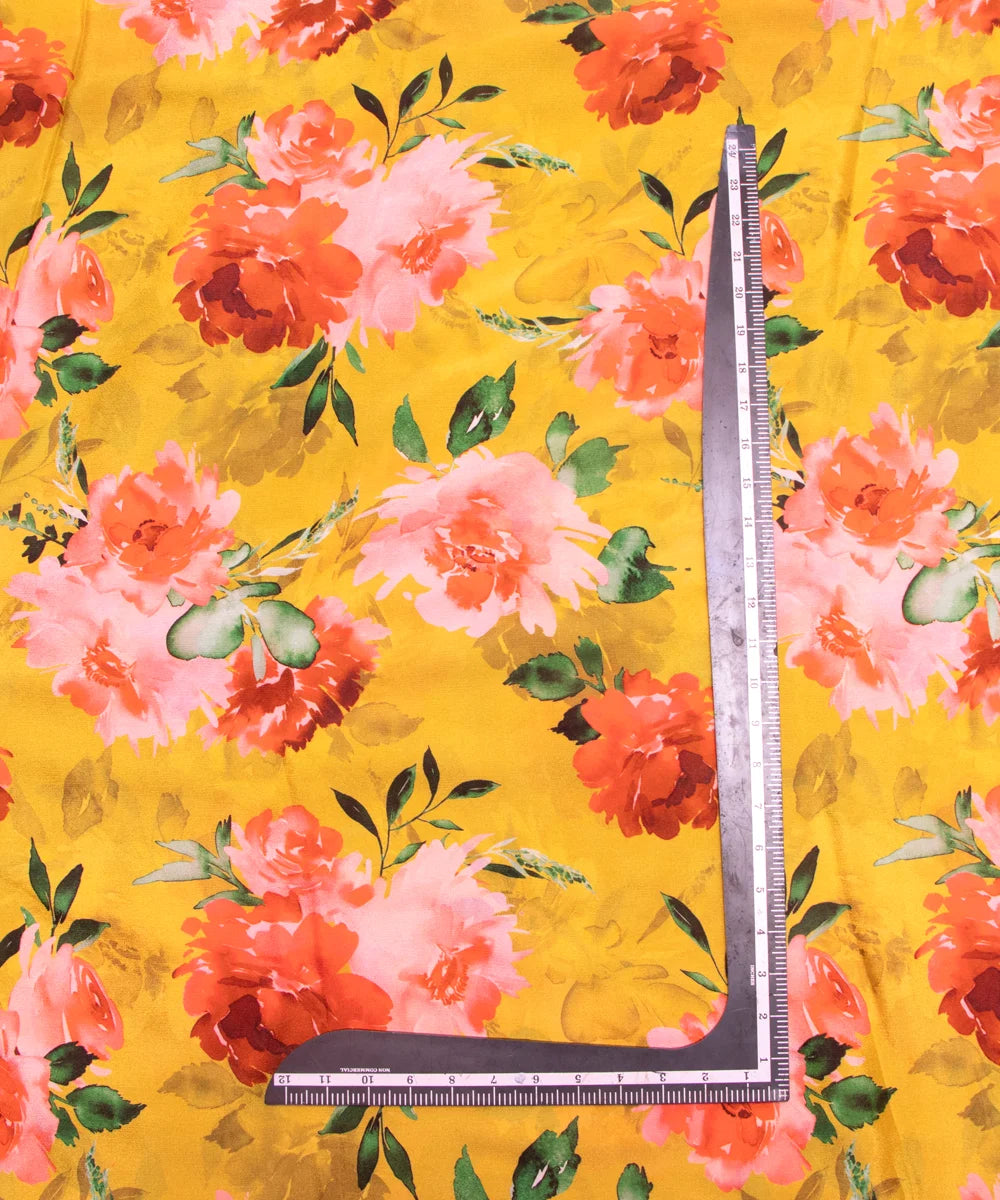 Mustard Floral Printed Chinon Silk Fabric