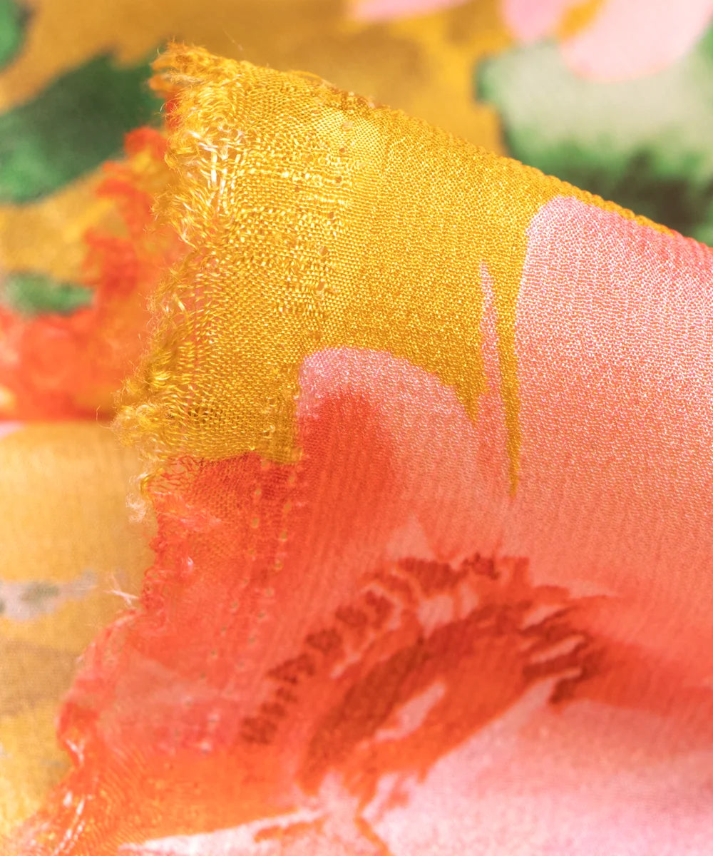 Mustard Floral Printed Chinon Silk Fabric
