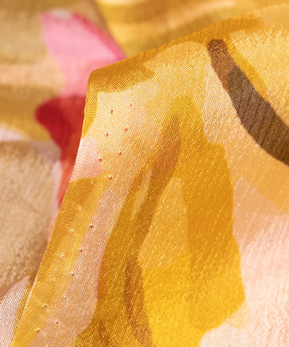 Yellow Floral Printed Chinon Silk Fabric