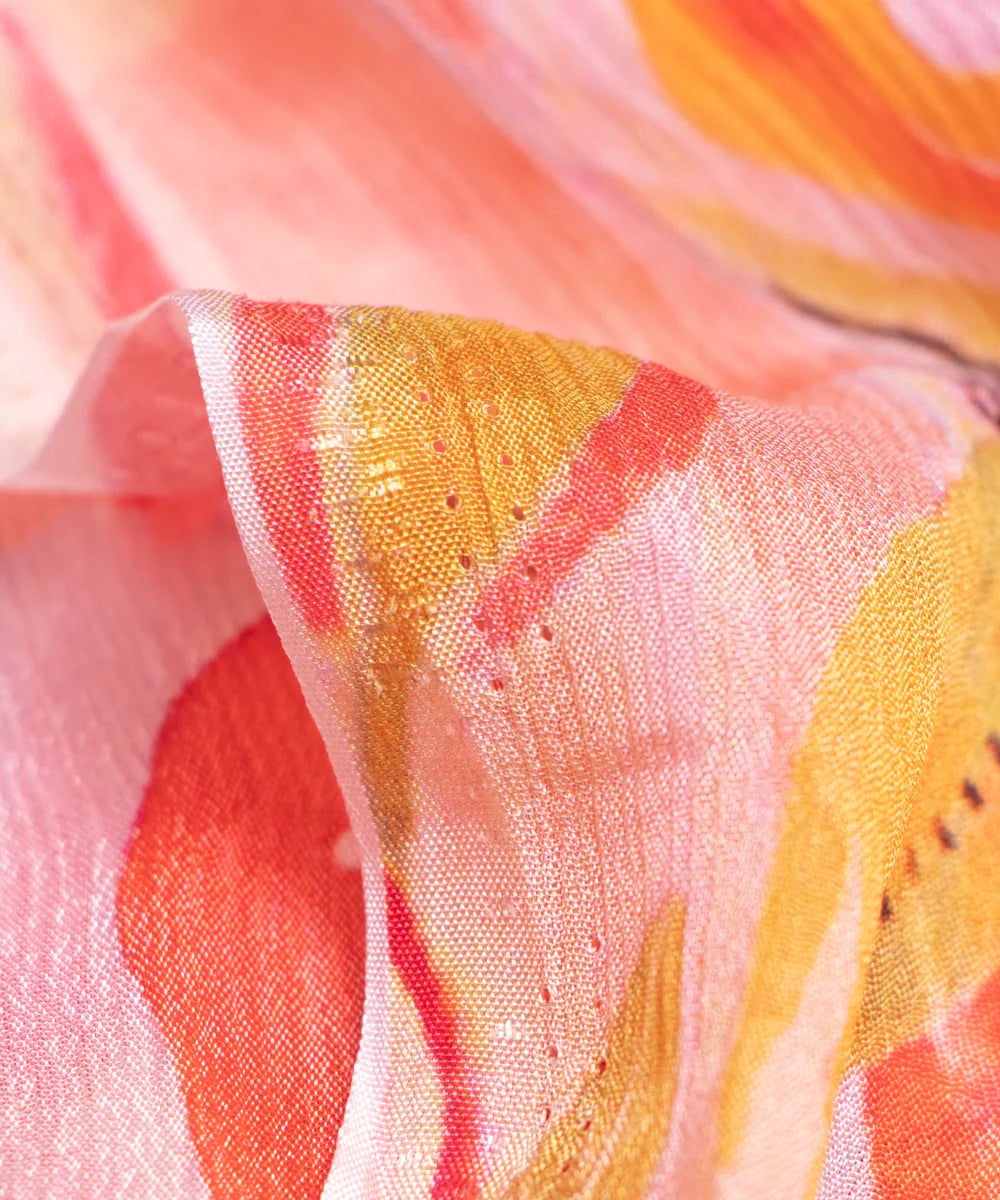 Orange Floral Printed Chinon Silk Fabric