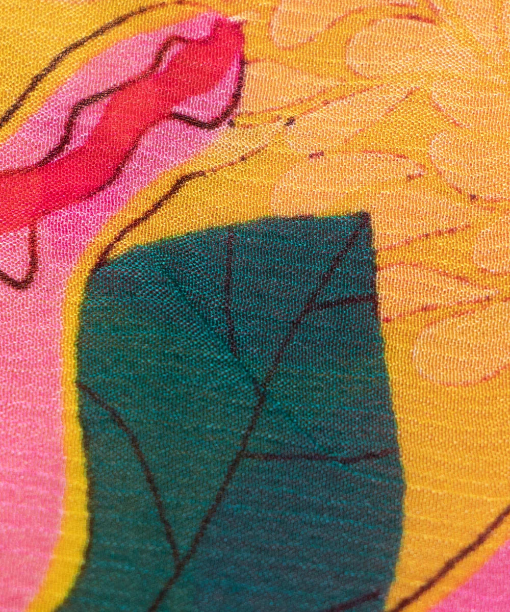 Yellow Floral Printed Chinon Silk Fabric