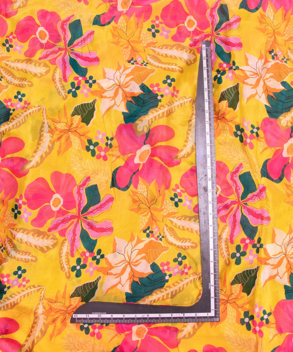 Yellow Floral Printed Chinon Silk Fabric