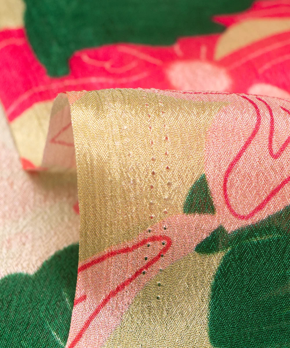 Pista Green Floral Printed Chinon Silk Fabric