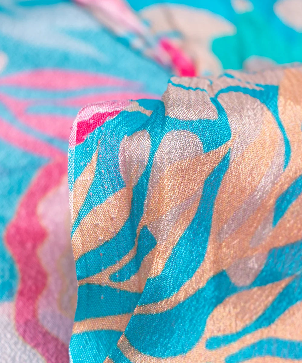 Firozi Floral Printed Chinon Silk Fabric