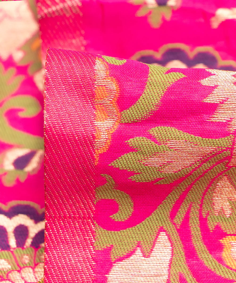 Dark Magenta Floral Pattern Silk Banarasi Fabric