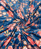 Teal Blue Floral Digital Print Velvet Fabric
