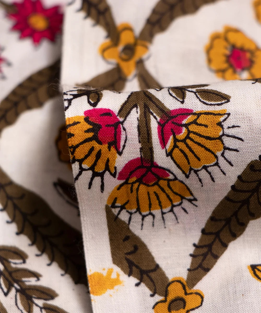 White Floral Printed Cotton Fabric