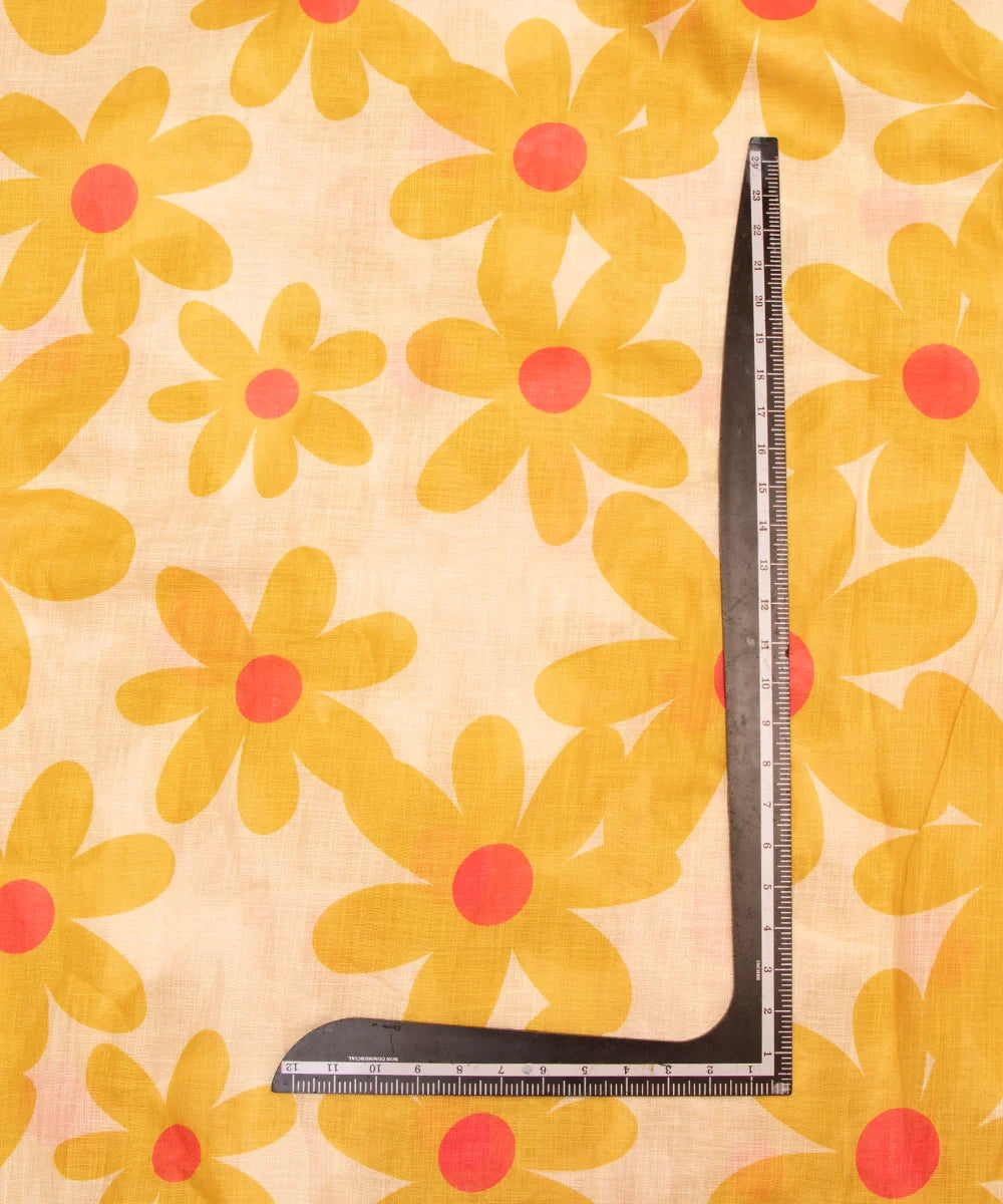Yellow Golden Floral Print Zari Cotton Linen Fabric