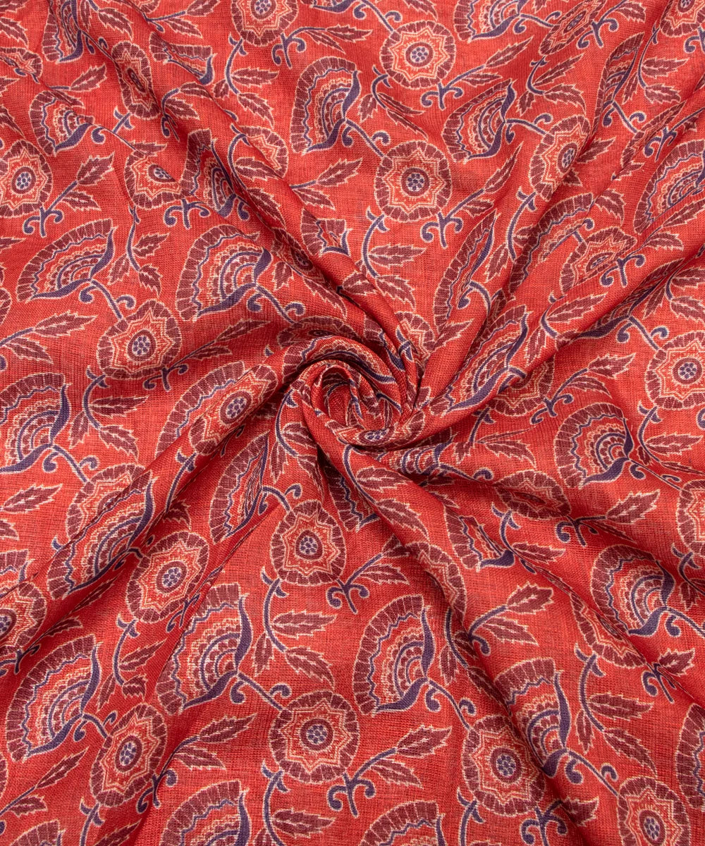 Rust Brown Floral Print Zari Cotton Linen Fabric