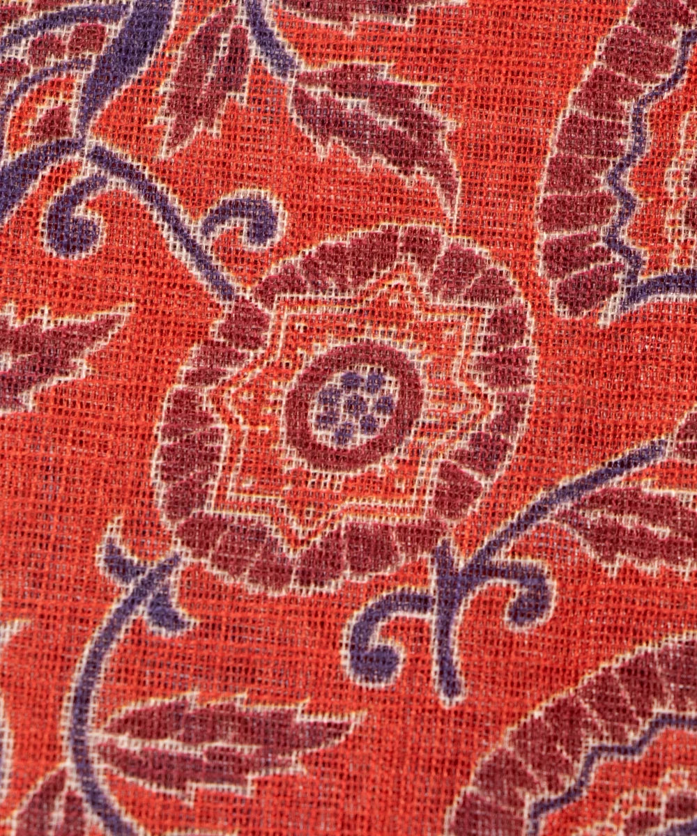 Rust Brown Floral Print Zari Cotton Linen Fabric