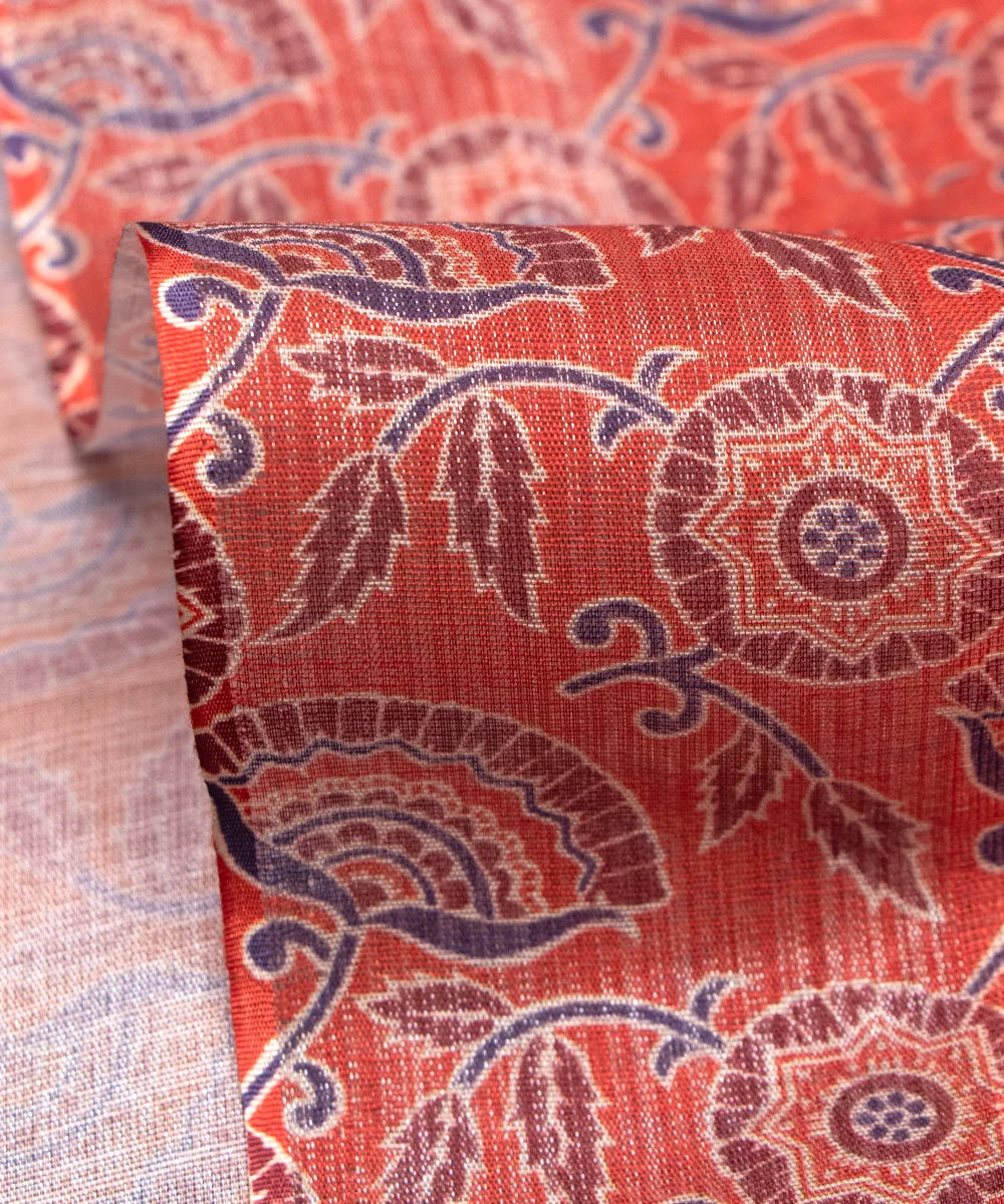Rust Brown Floral Print Zari Cotton Linen Fabric