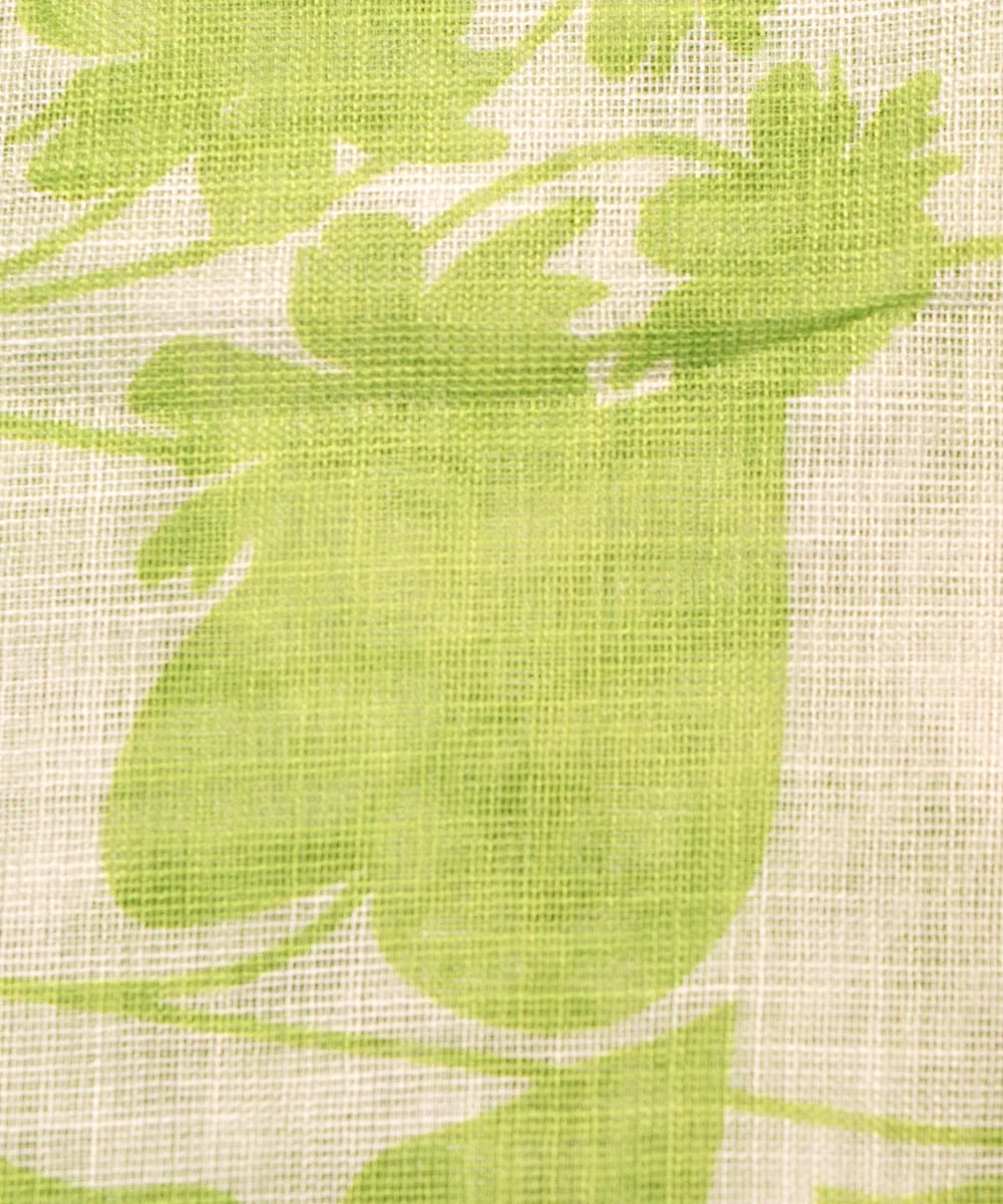 Light Green Leaf Print Zari Cotton Linen Fabric