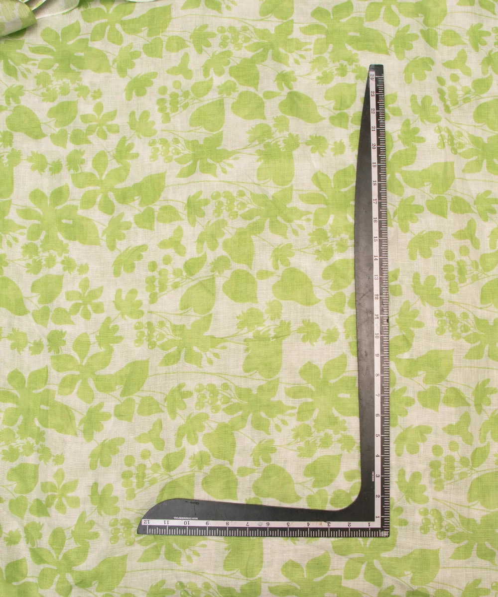 Light Green Leaf Print Zari Cotton Linen Fabric