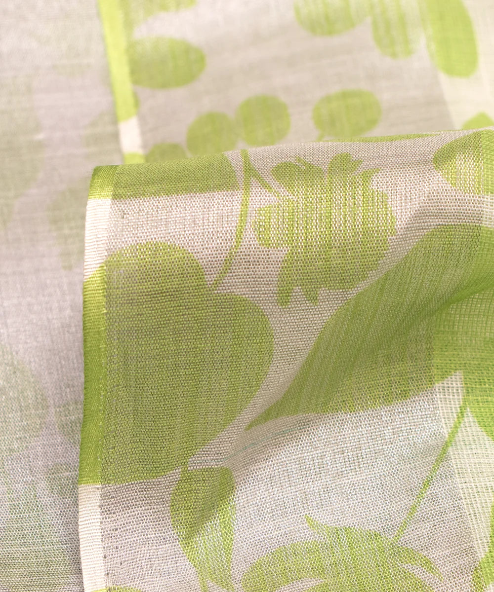 Light Green Leaf Print Zari Cotton Linen Fabric