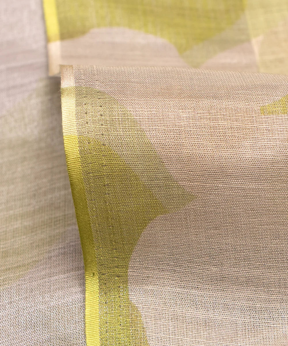 Light Mehandi Green Leaf Print Zari Cotton Linen Fabric