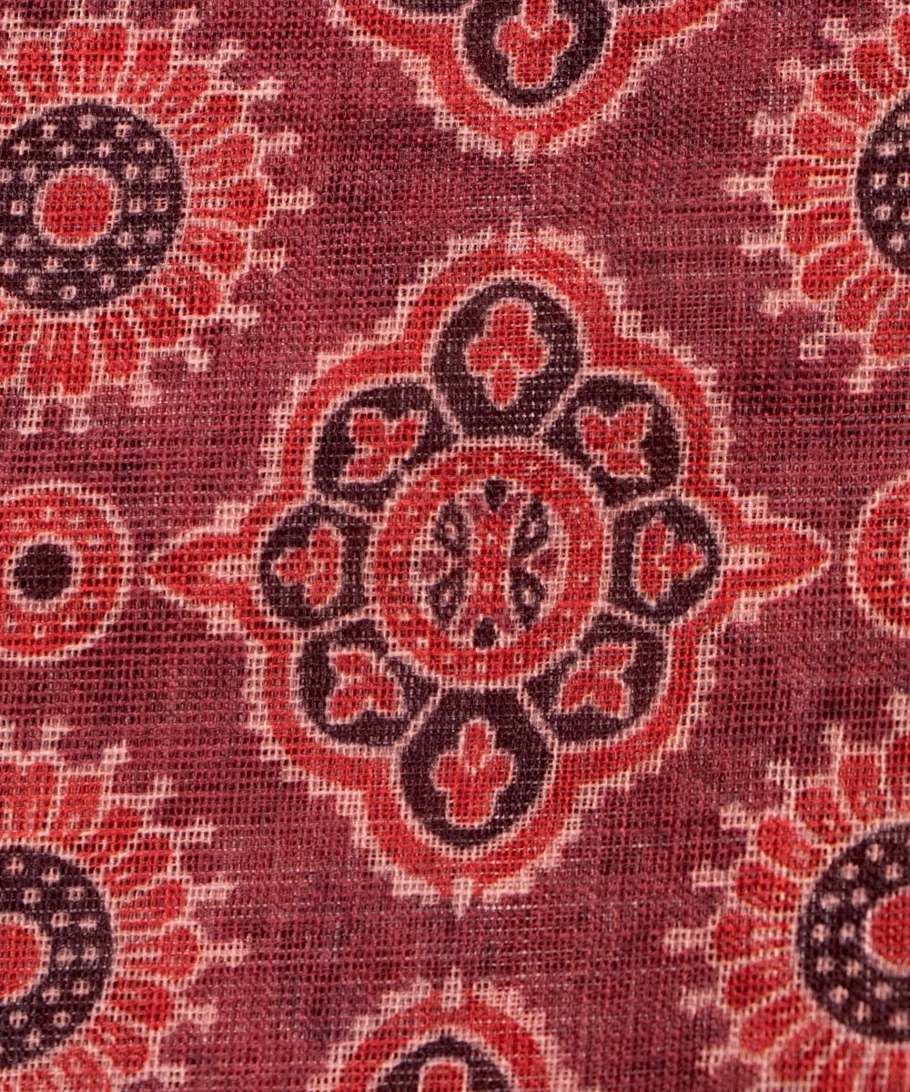 Maroon Trdaitional Print Zari Cotton Linen Fabric