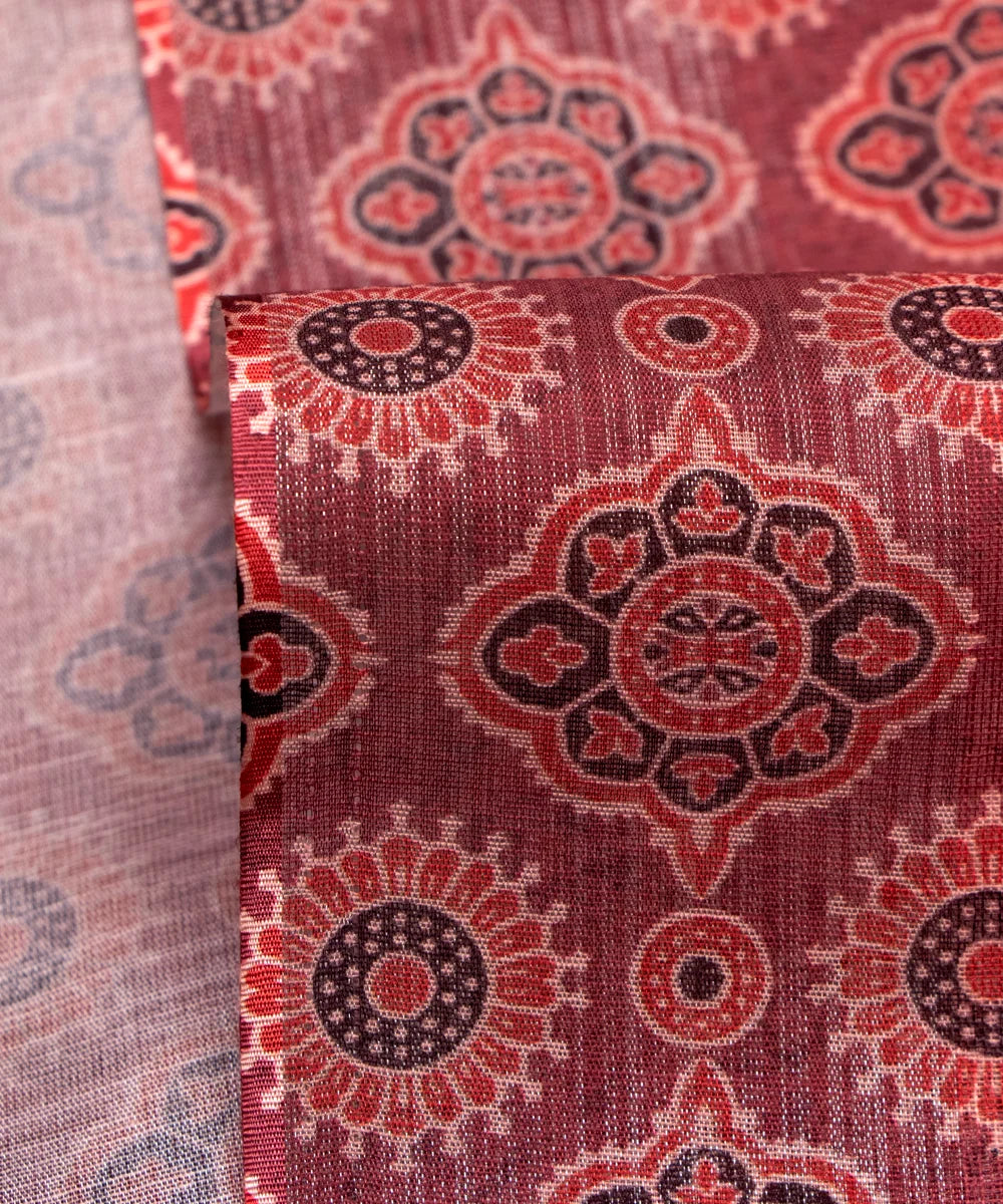 Maroon Trdaitional Print Zari Cotton Linen Fabric