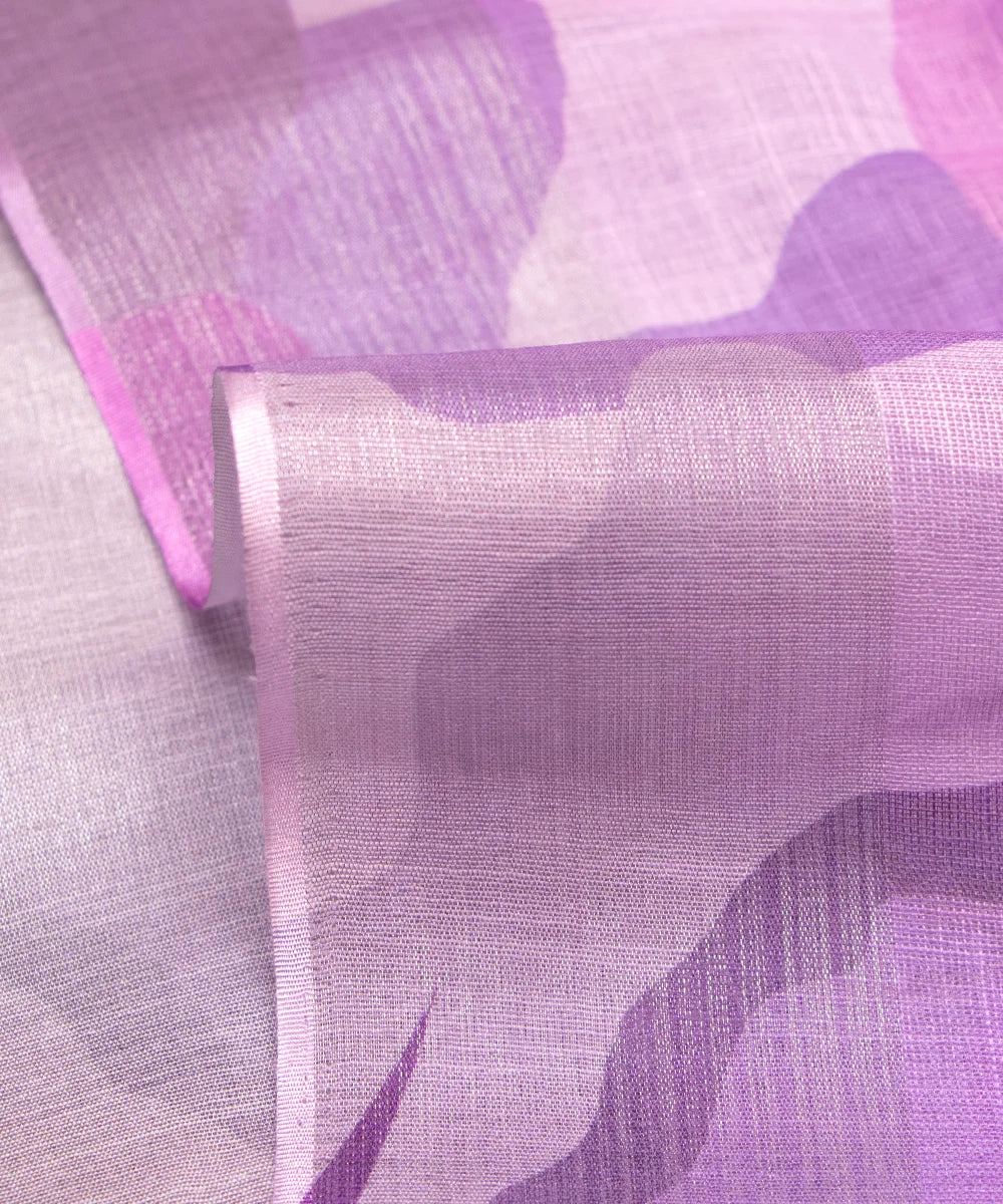Purple Leaf Print Zari Cotton Linen Fabric