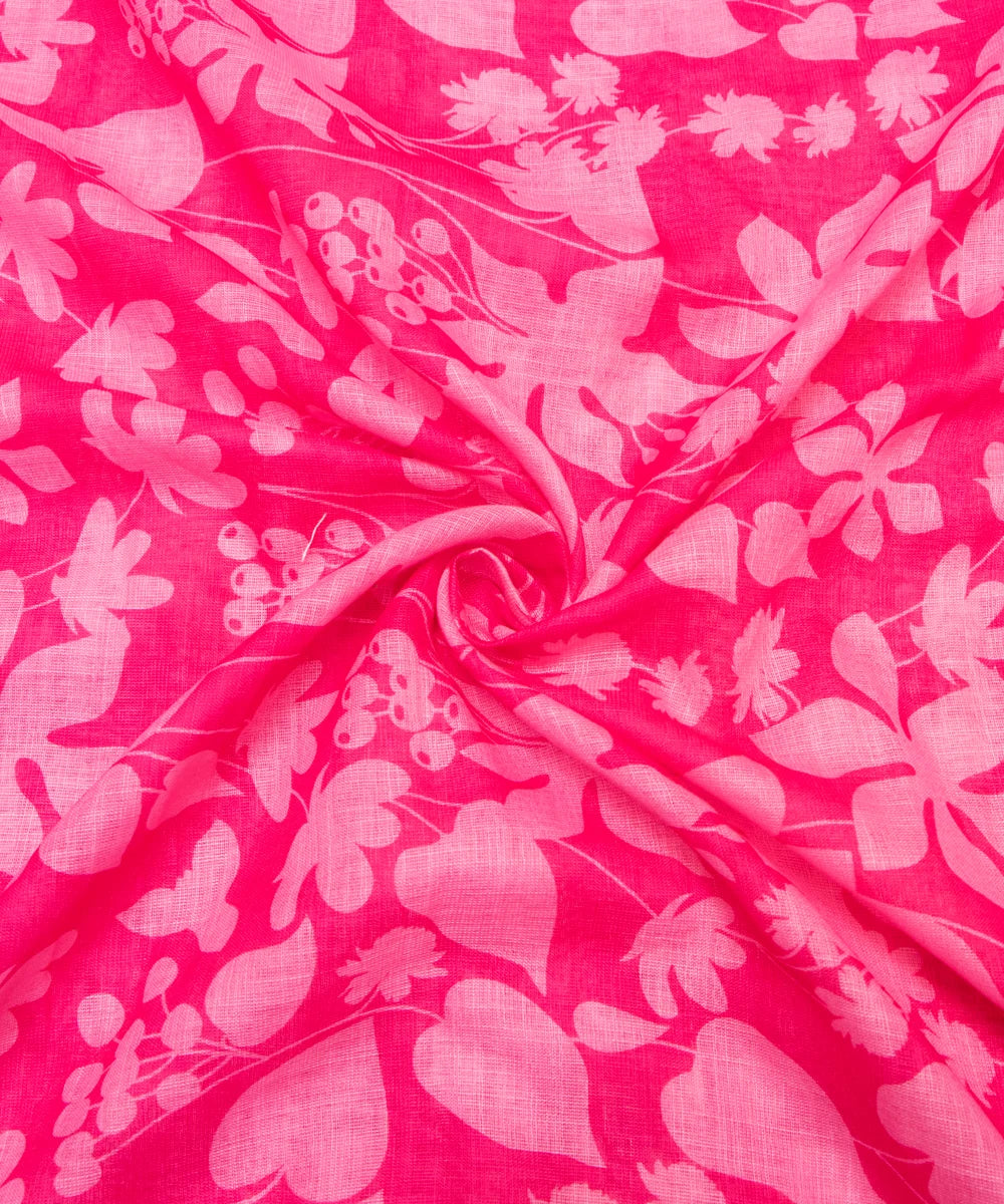 Dark Pink Floral Print Zari Cotton Linen Fabric