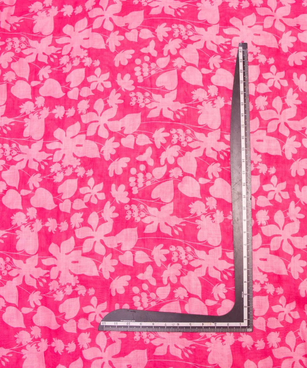 Dark Pink Floral Print Zari Cotton Linen Fabric