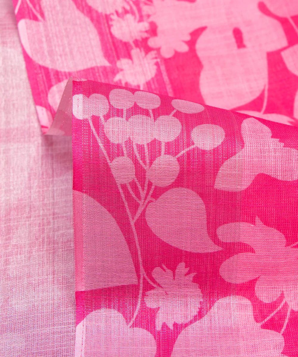 Dark Pink Floral Print Zari Cotton Linen Fabric