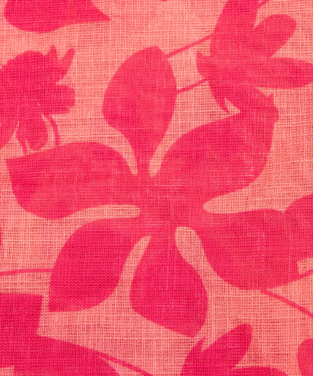Dark Pink Floral Print Zari Cotton Linen Fabric