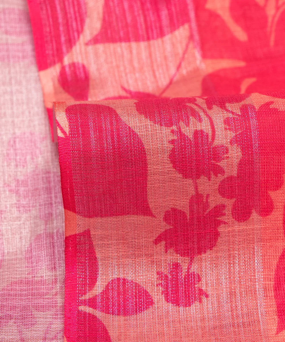 Dark Pink Floral Print Zari Cotton Linen Fabric