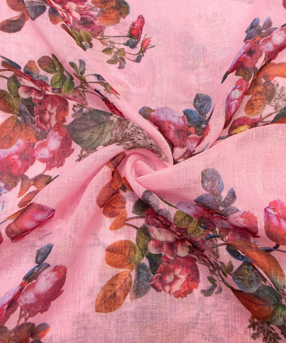 Light Pink Floral Print Zari Cotton Linen Fabric