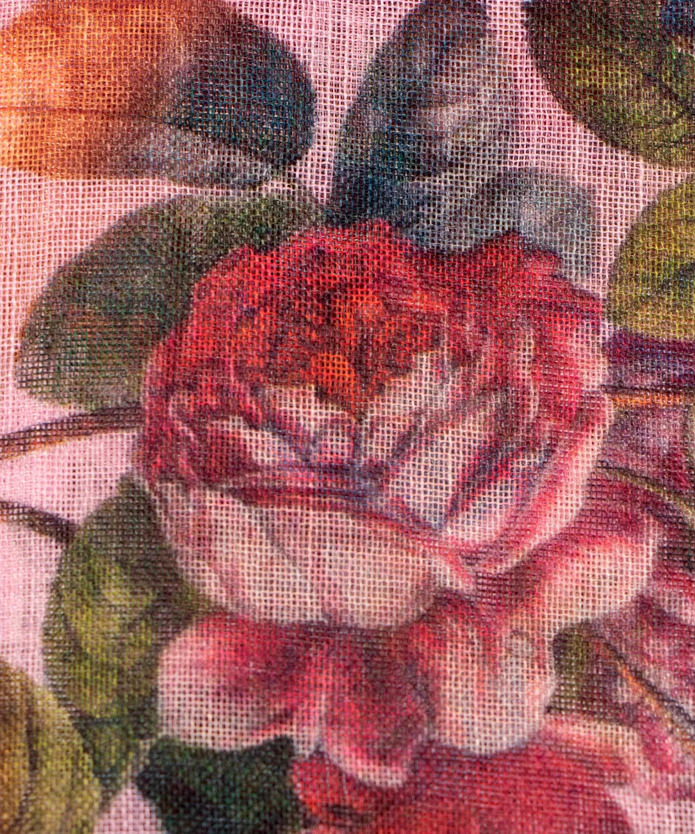 Light Pink Floral Print Zari Cotton Linen Fabric