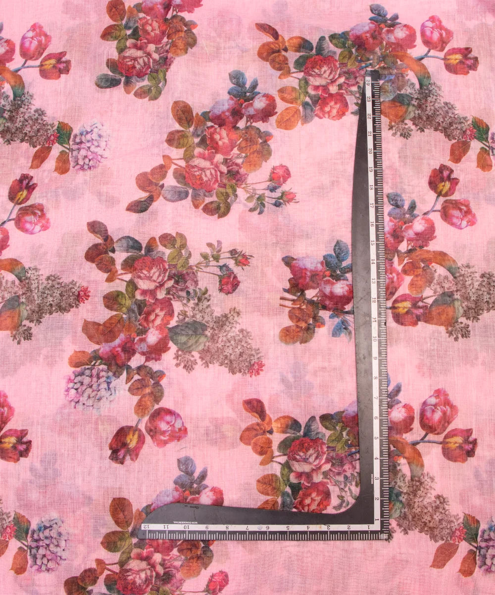 Light Pink Floral Print Zari Cotton Linen Fabric