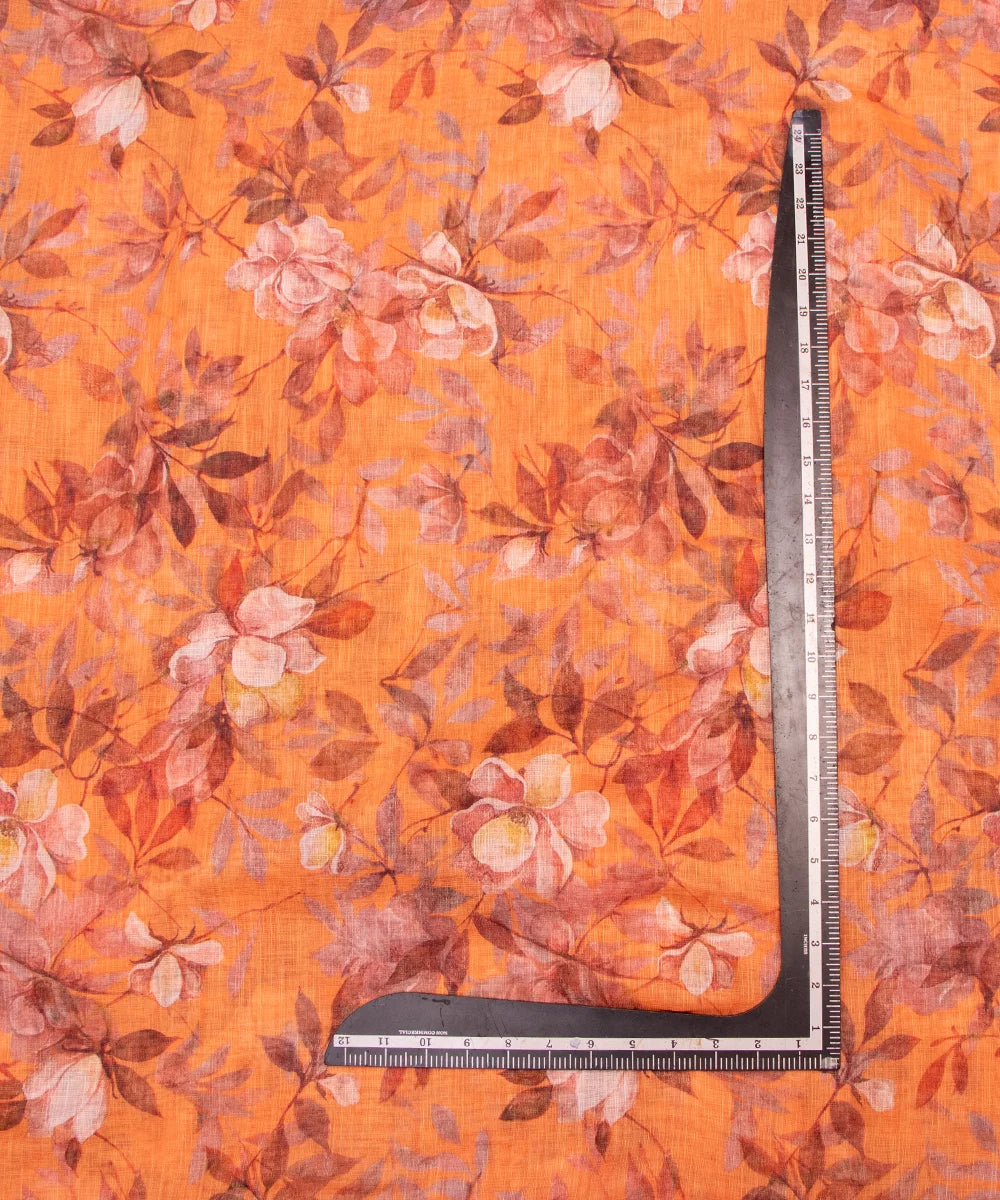 Light Orange Floral Print Zari Cotton Linen Fabric