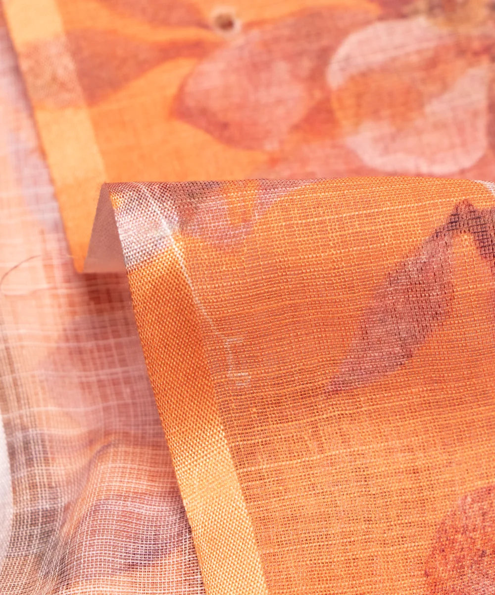 Light Orange Floral Print Zari Cotton Linen Fabric