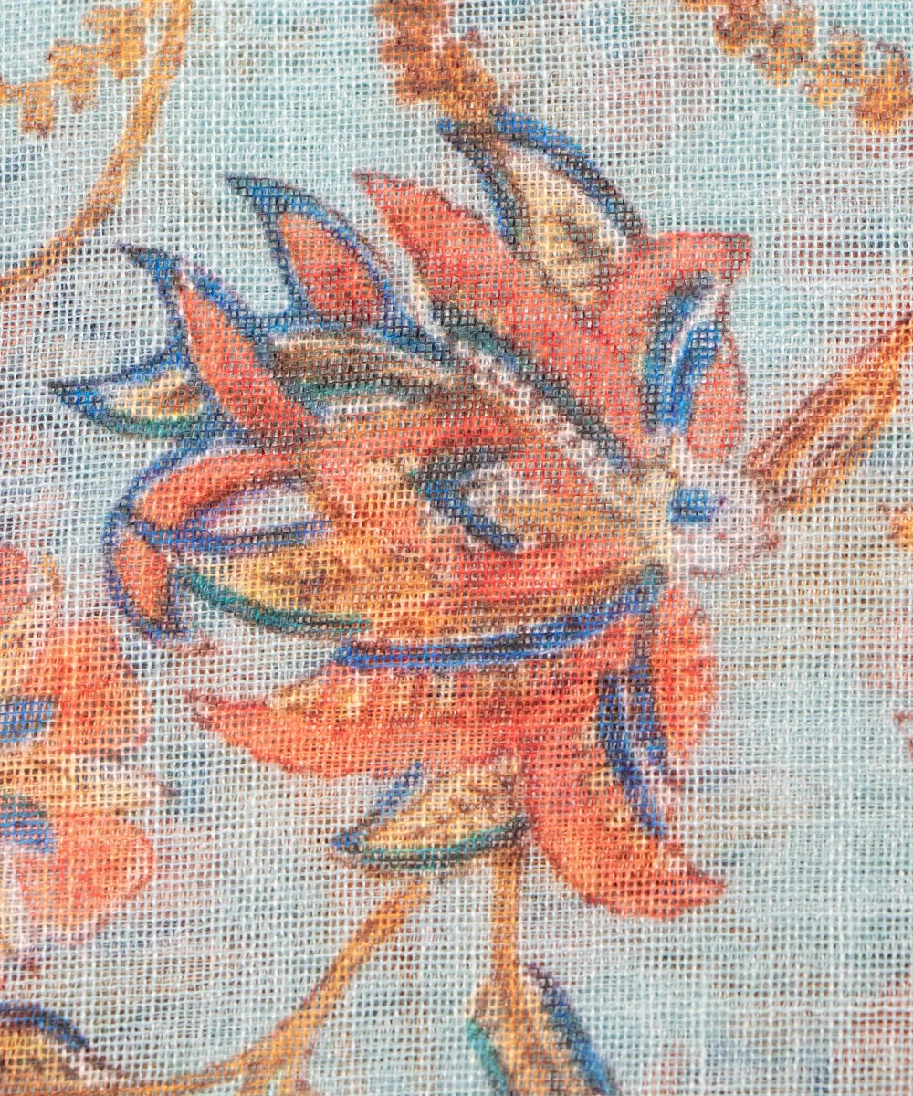 Light Blue Floral Print Zari Cotton Linen Fabric