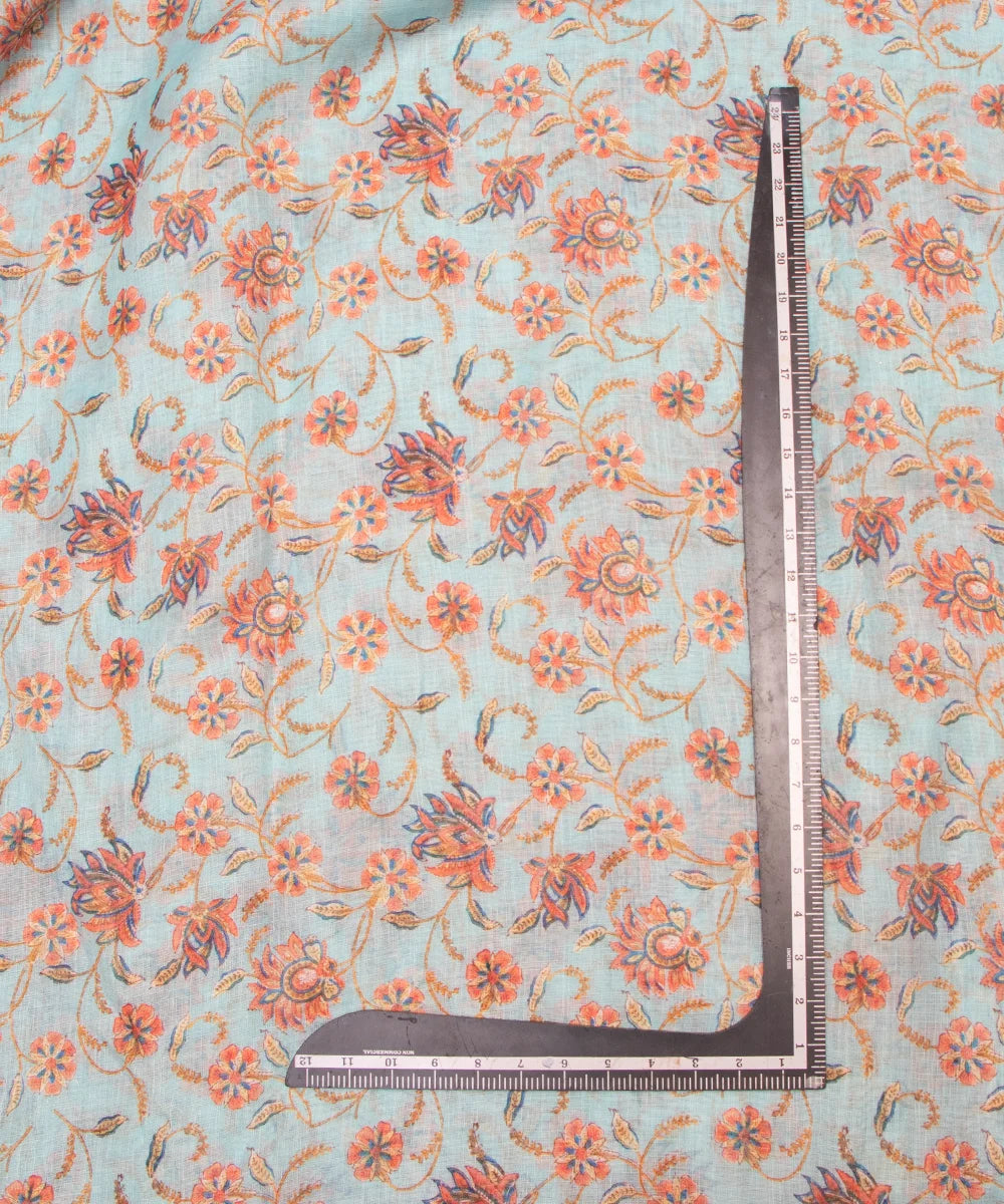 Light Blue Floral Print Zari Cotton Linen Fabric