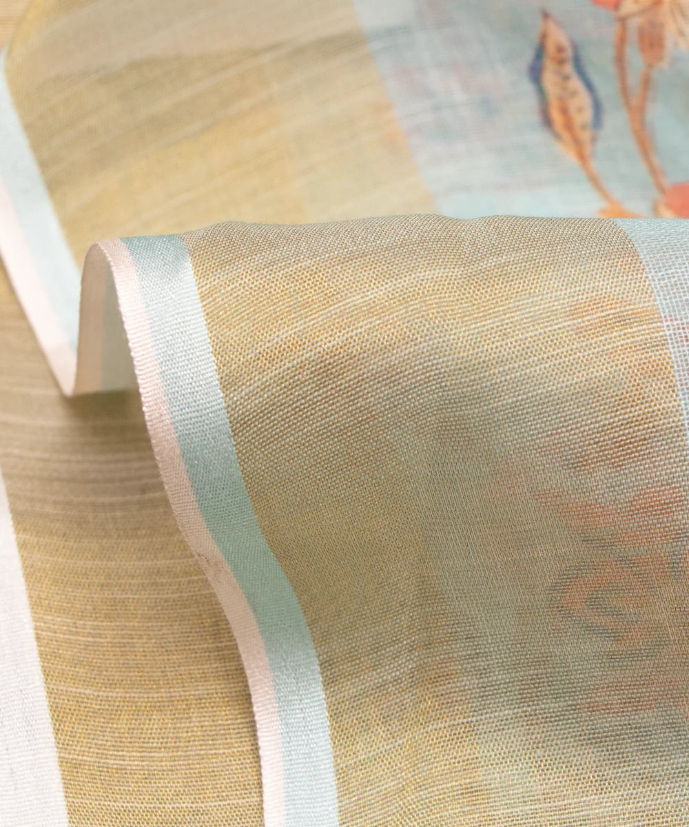 Light Blue Floral Print Zari Cotton Linen Fabric