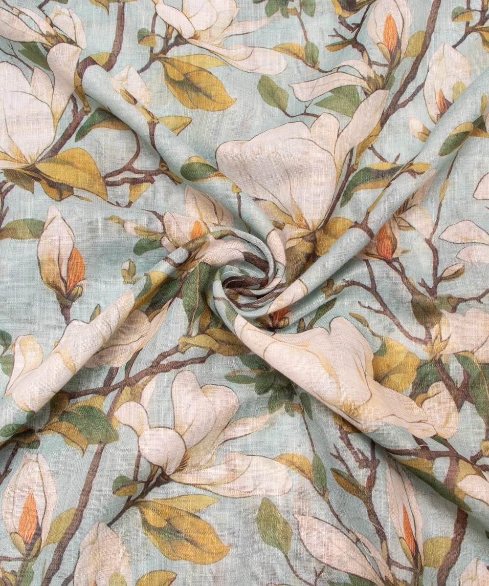 Light Blue Floral Print Cotton Linen Fabric
