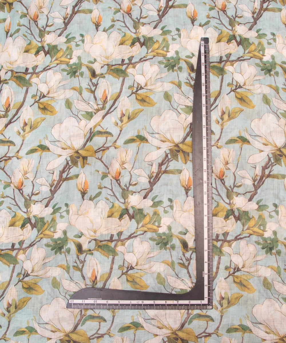 Light Blue Floral Print Cotton Linen Fabric