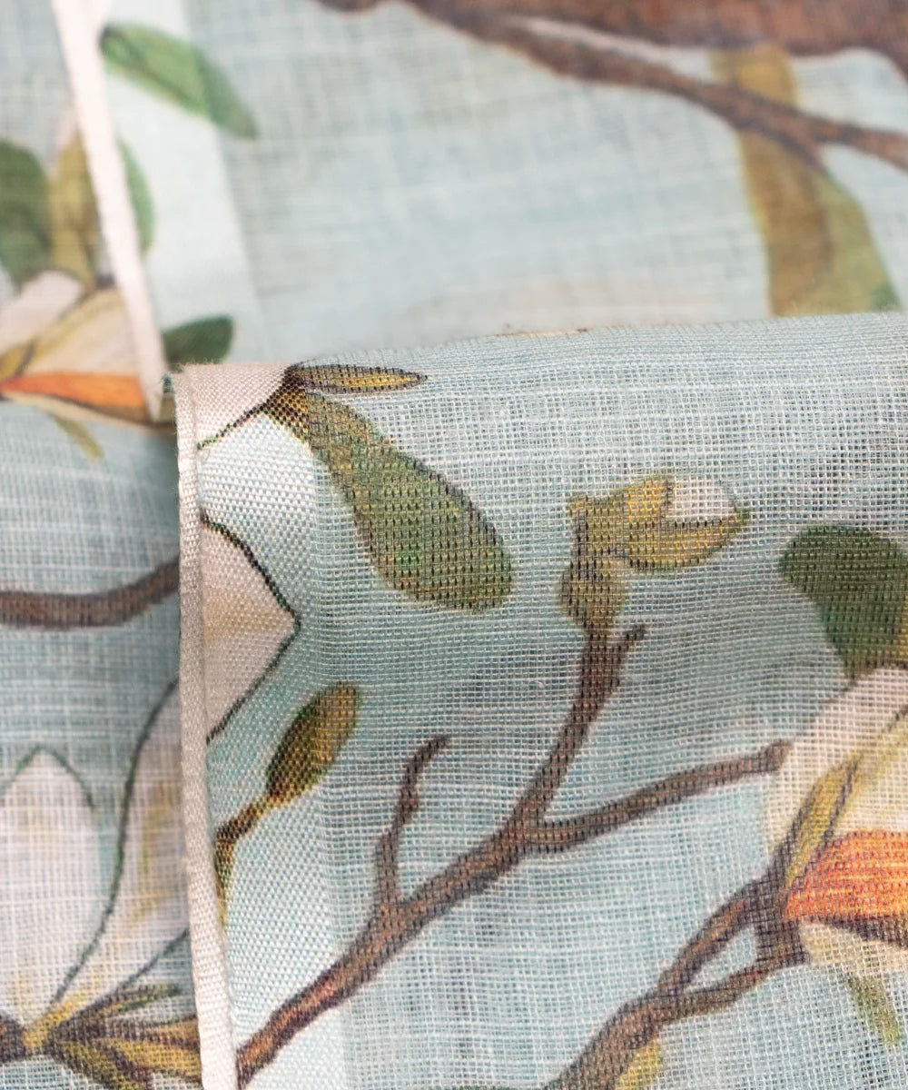 Light Blue Floral Print Cotton Linen Fabric