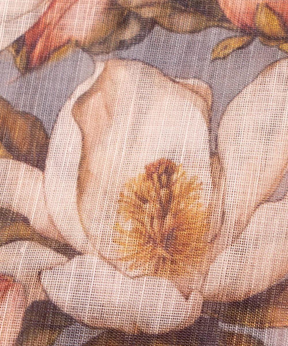 Grayish Blue Floral Print Cotton Linen Fabric