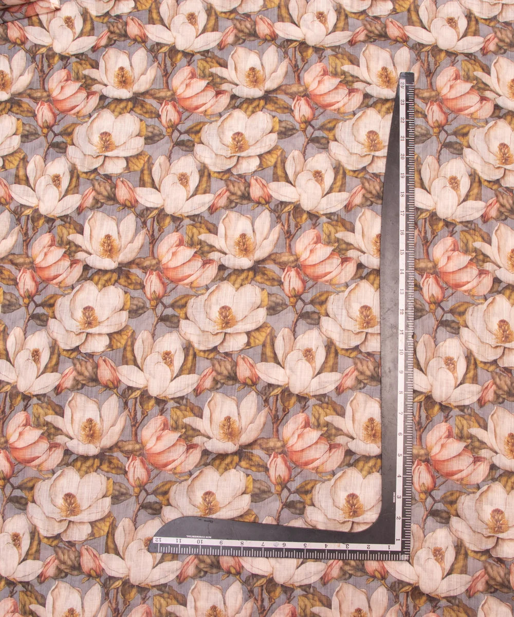 Grayish Blue Floral Print Cotton Linen Fabric