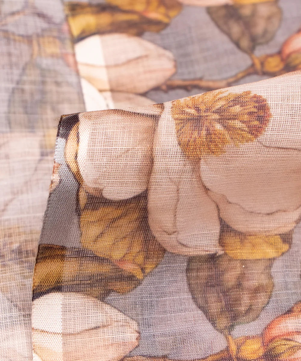 Grayish Blue Floral Print Cotton Linen Fabric
