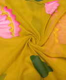 Mehandi Green Floral Hand Paint Georgette Fabric